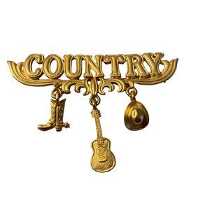 VTG JJ Jonette Spelled Out  Country Gold Tone Dangle Boot Hat Guitar Pin Brooch